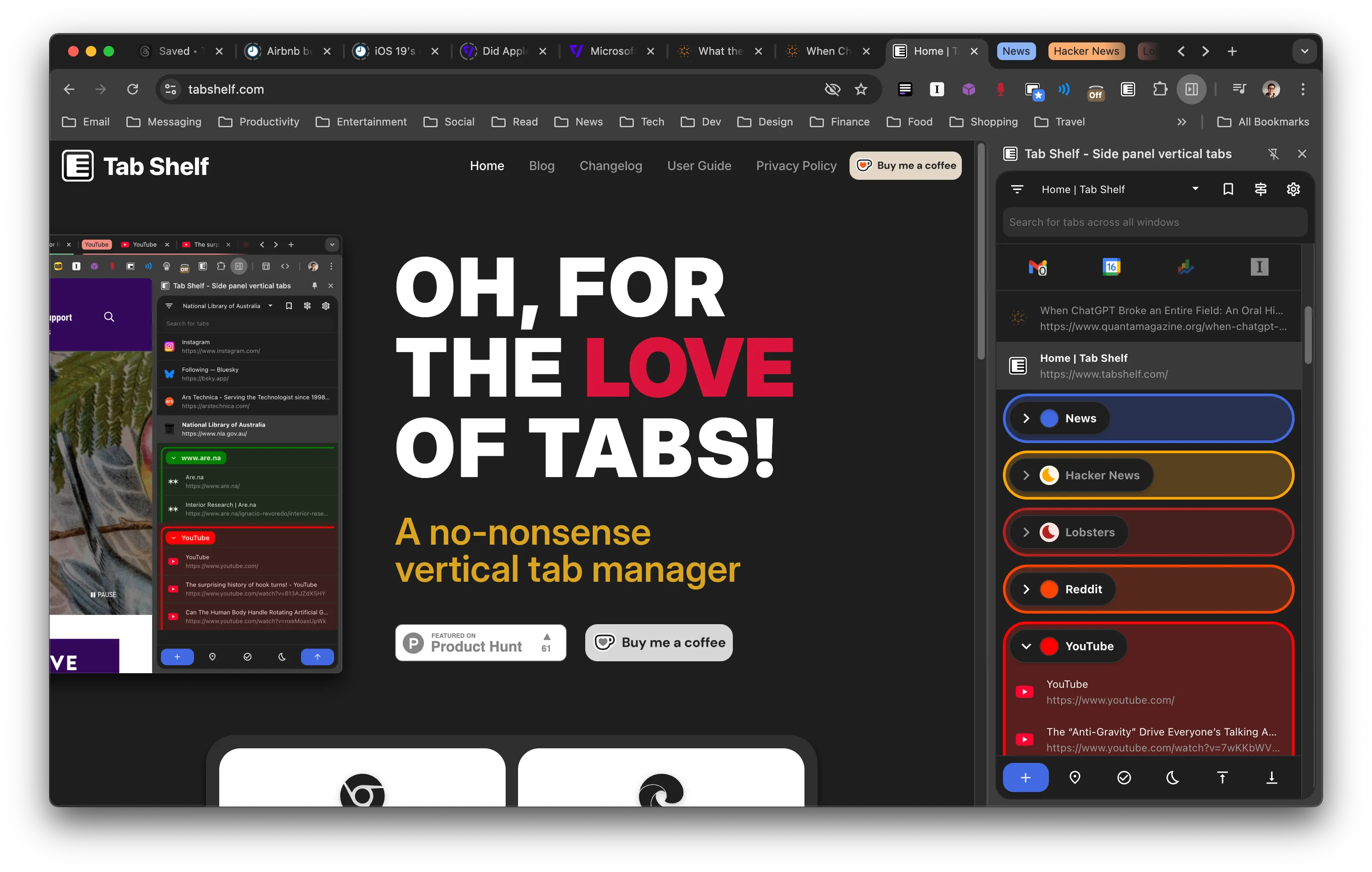 Screenshot of a Chrome window with Tab Shelf open in the side panel.